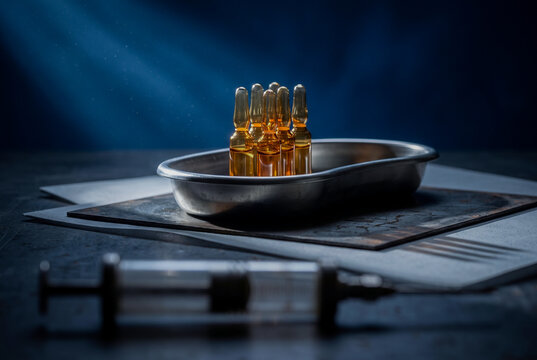 Moody, low-key scene of amber ampoules clustered in a steel tray on a patinated plate. A blurred foreground syringe barrel creates deep Z-depth under a volumetric light beam.
