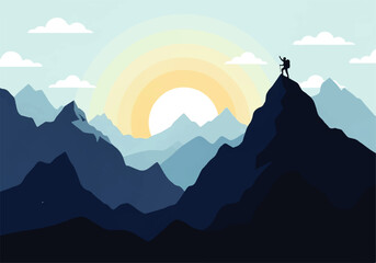 Fototapeta premium Vector flat design illustration of a lone hiker reaching the summit of a majestic mountain range at sunrise