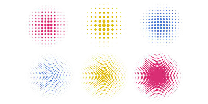 Halftone Dotted Circles CMYK Color Trio Abstract Background Graphic Design With Radial Dot Pattern