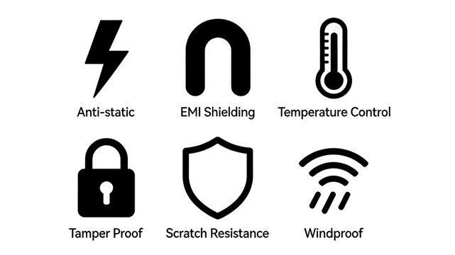 Draw an industrial icon for lightning padlock shields, representing the concepts of anti-static interference, electromagnetic shielding, and scratch resistant and windproof materials
