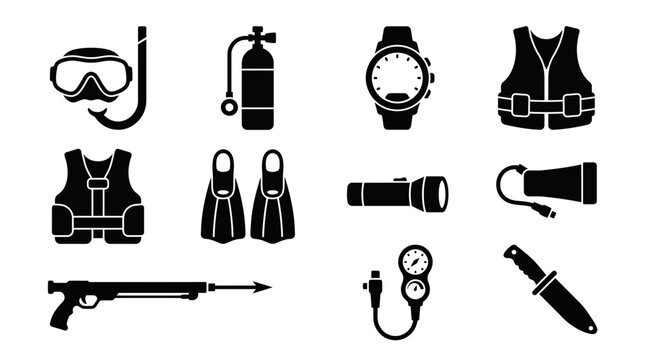 Scuba Diving Equipment Glyph Icons Set. Underwater Adventure Gear Collection including Mask, Tank, Fins, Speargun, Watch, Torch, and Knife.