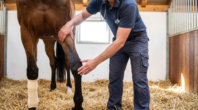 Veterinarian examining horse leg in stable, providing professional animal healthcare and medical treatment