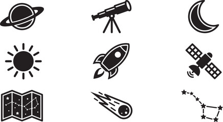 Set of space and astronomy icons featuring planet telescope moon sun rocket satellite map comet constellation © Marjana