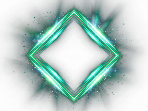 Green glowing diamond shaped light border with energy particles. 