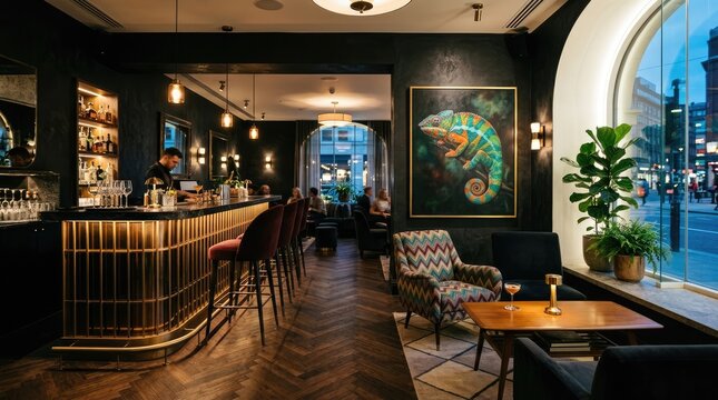 Luxurious bar interior with dark wood and colorful art.