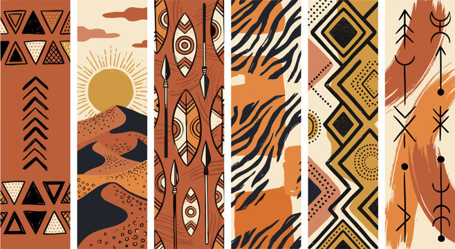 Boho abstract pattern collection featuring tribal geometric designs, safari animal prints, desert landscape, ethnic textures, and modern seamless vector backgrounds