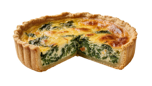Isolated gourmet spinach quiche with a slice removed, revealing creamy filling and flaky crust.