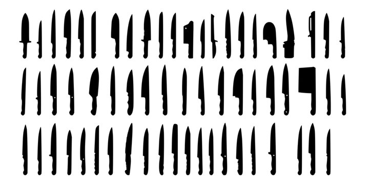 Knives set with 24 distinct black and white silhouettes arranged in a symmetrical 4x6 grid featuring knife silhouettes, high-contrast vector, minimalist lines with white background and flat lighting
