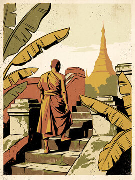 Retro poster of a monk in a saffron robe walking up stone stairs to a grand temple in Chiang Mai, Thailand, surrounded by tropical leaves.