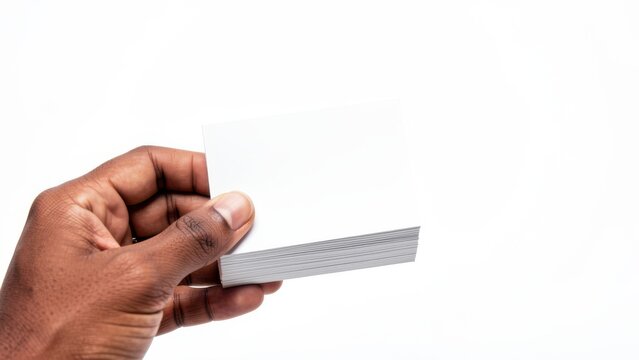 diverse hand holding stack of blank white index cards against pure white background for corporate marketing design ideas