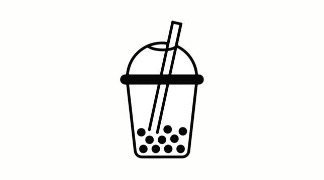 Black and white line icon of a bubble tea cup with a straw