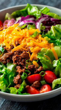 fresh cheeseburger bowl with seasoned beef cheddar cheese crisp vegetables and leafy greens concept of healthy comfort food low carb meal and balanced nutrition