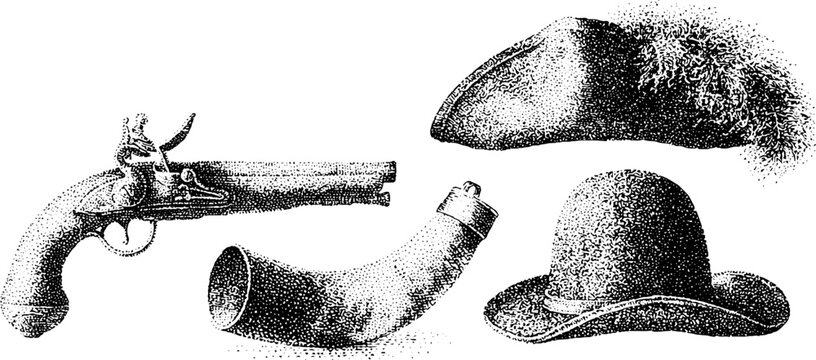 Black and white stippled flintlock pistol powder horn and tricorn hat set for historical design background and museum display