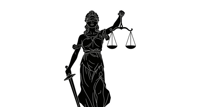 Black silhouette of Lady Justice holding a sword and scales isolated on white background.