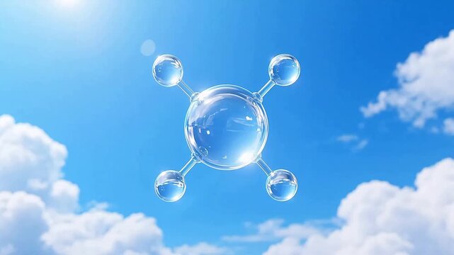 Transparent molecule model floating in sky