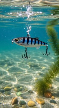 Realistic Fishing Lure Floating Underwater in Clear Shallow Lake