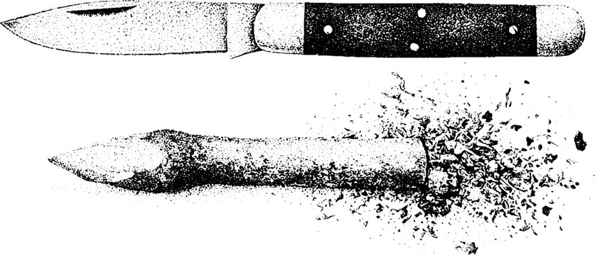 Pocket knife over whittled pointed stick with wood shavings spread black and white scene for craft banner and woodworking tutorial design
