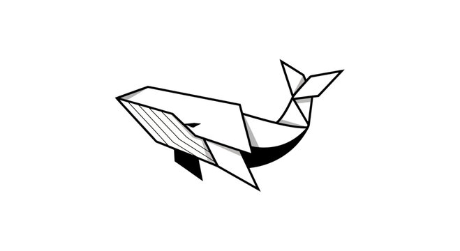 Line art origami whale sketch on white.
