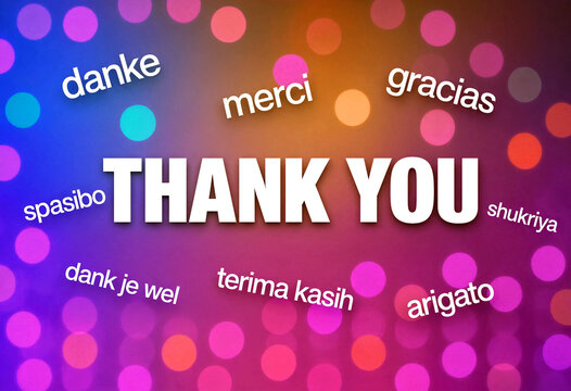 Colorful thank you card with multiple languages expressing gratitude and appreciation message design