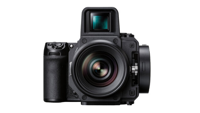 Isolated modern professional digital photography camera with attached lens and advanced features