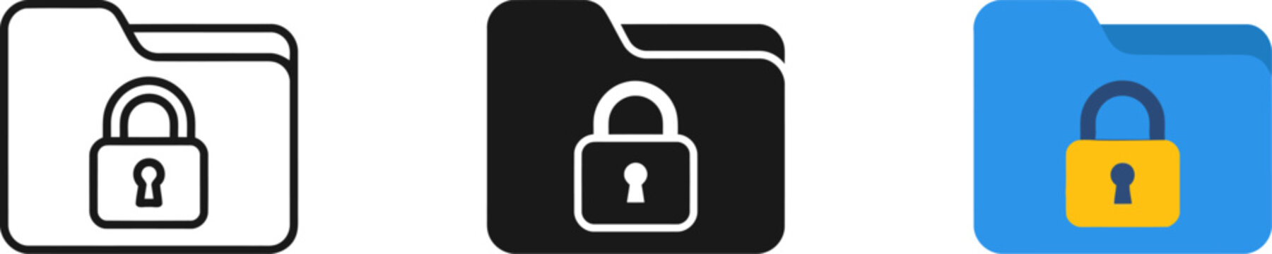 Set of folder icons with lock symbols in line art solid black and flat color styles for secure data management and protection