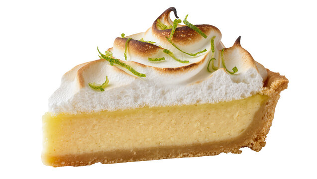 Isolated delicious slice of classic key lime pie with toasted meringue and lime zest