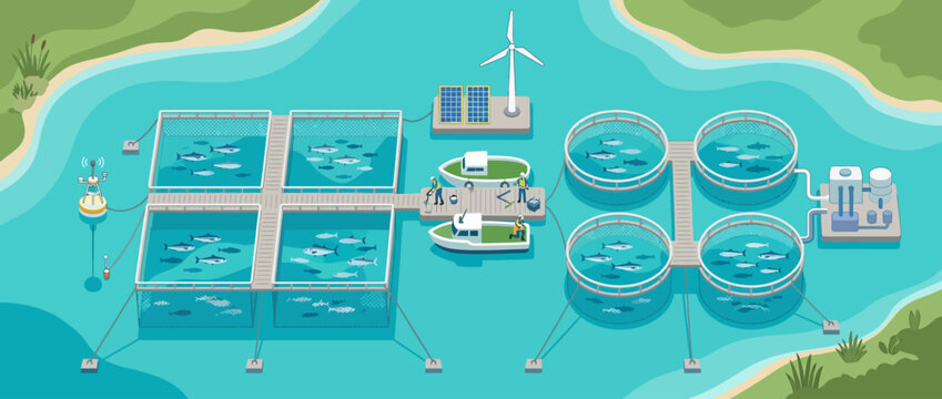Isometric illustration of a modern offshore fish farm facility with renewable energy.