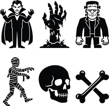 Scary monsters collection vampire zombie mummy frankenstein skull bones.
