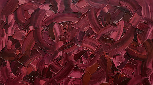 Abstract painting with thick, swirling brushstrokes in various shades of red and maroon, creating a textured and dynamic composition.