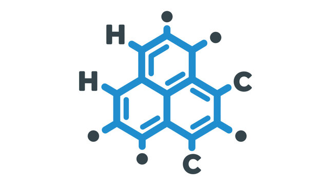 Blue chemical structure icon featuring hexagonal carbon rings with hydrogen atoms in a flat style