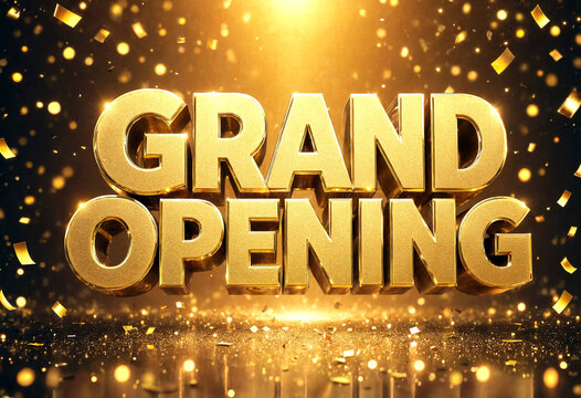 Golden grand opening celebration text with sparkling confetti and festive lights display