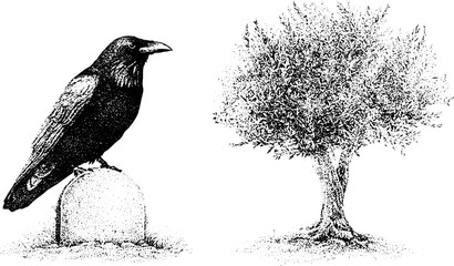 Obraz premium Single raven perched on a tombstone beside a yew tree black and white stipple engraving illustration for gothic poster background and retro design