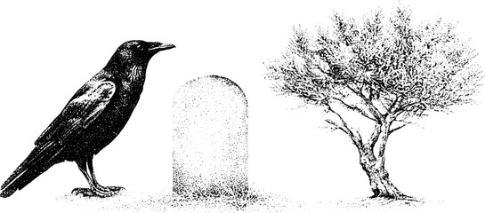 Obraz premium Raven beside tombstone and yew tree black and white stipple engraving illustration for gothic poster background and retro design