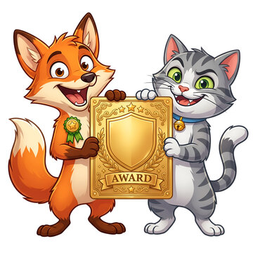 Fox and cat holding a gift box together isolated on white background