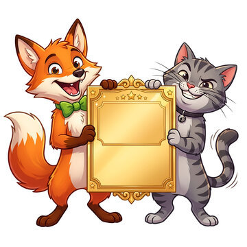 Fox and cat delivering a package together isolated on white background