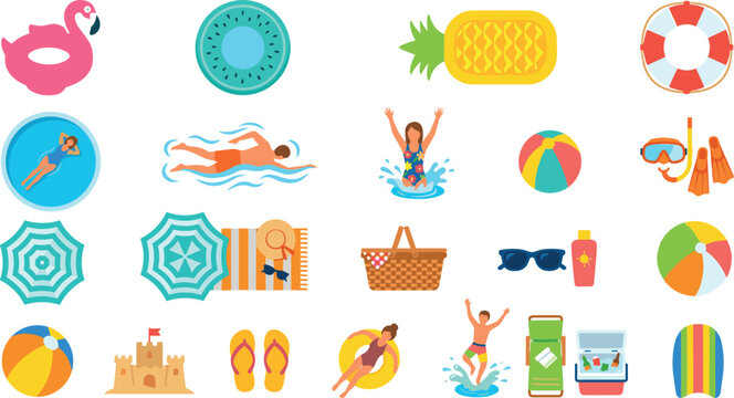 Summer vacation icon collection featuring beach accessories, swimming, pool float, umbrella, sunscreen, picnic, tropical fruit, and holiday vector illustration set