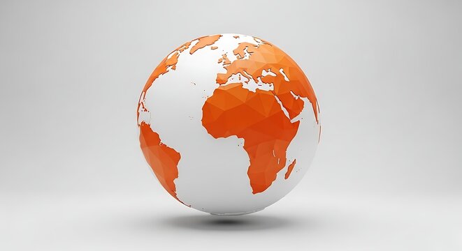 Orange White Low Poly Globe Floating on Minimal Gray Background