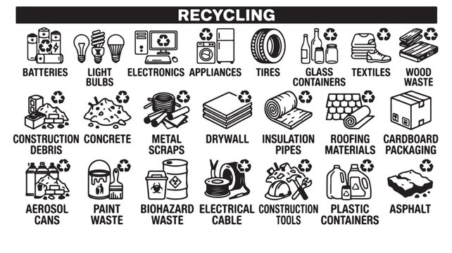 Recycling icons set for waste management, industrial garbage sorting symbols vector, construction debris and household hazardous waste disposal signs