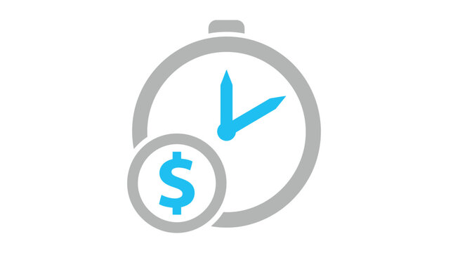 Minimalist flat icon of a blue dollar sign inside a grey circular stopwatch time clock
