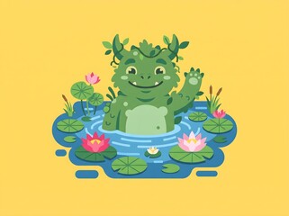 Fototapeta premium Cute Friendly Monster Waving in a Pond with Water Lilies