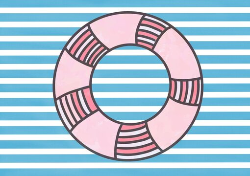 Modern Coastal Lifebuoy on Blue Breton Stripe Background, Minimal Summer Beach Banner