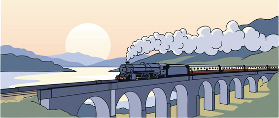 Vintage steam train crossing a stone viaduct at sunset © Teguh