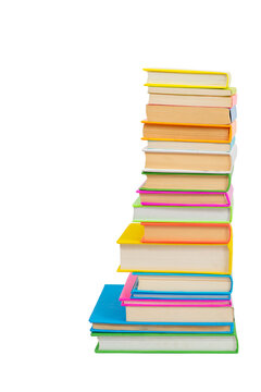 Books in multi-colored covers on an isolated background. Literature for children. Collection in the library. Textbooks for school college or university