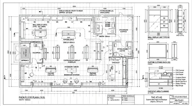 Retail store floor plan with furniture layout and display unit details