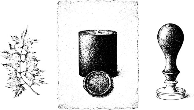 Wax seal stamp and ink pad with botanical sprig and torn paper for ceremonial label design and background