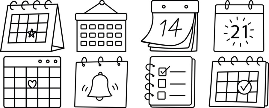 Calendar icon set with planner schedule reminder and date management vector, Calendar and event planning icons for organizer productivity vector pack, Date reminder schedule calendar collection