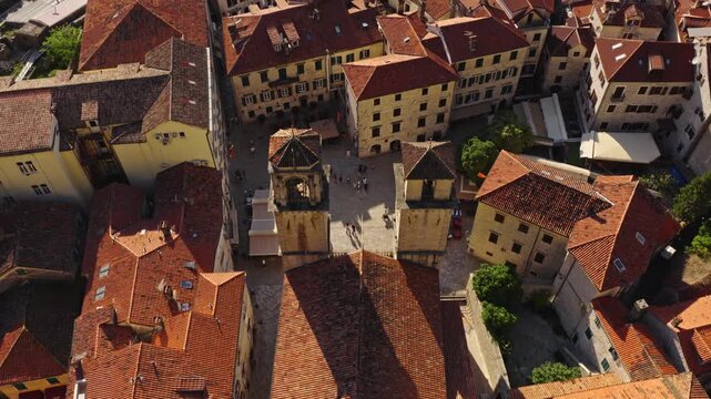 overhead aerial view of kotor old town rooftops and narrow stone alleys, Montenegro