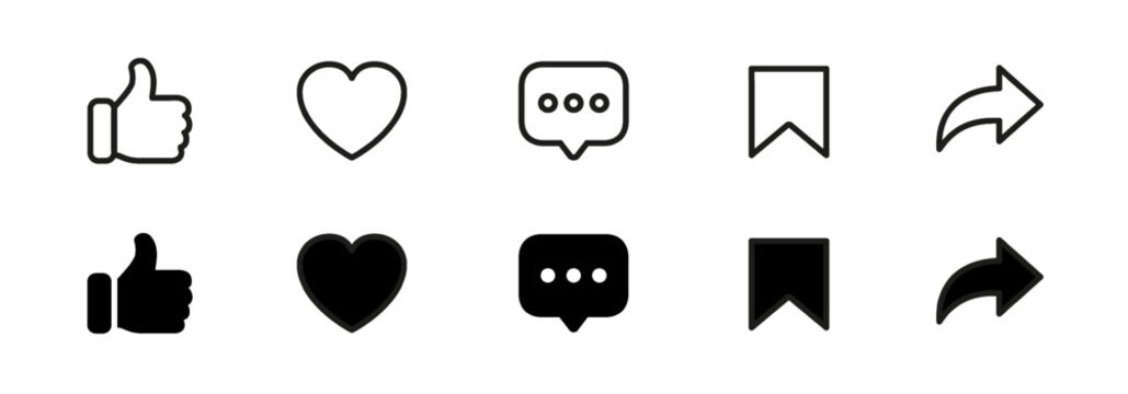Social media reactions icons like, love, heart, thumb up, repost, comment, share, save, communication symbols