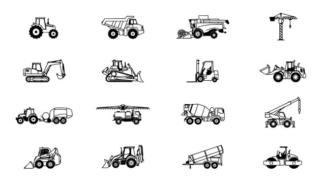 Construction Vehicles Including Tractors, Loaders, and Cranes in a Black and White Illustration Featuring Machinery, Equipment