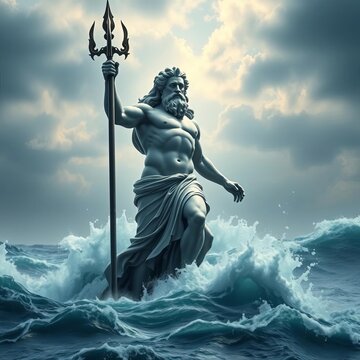 Powerful statue of Poseidon standing in turbulent sea, blue, artwork